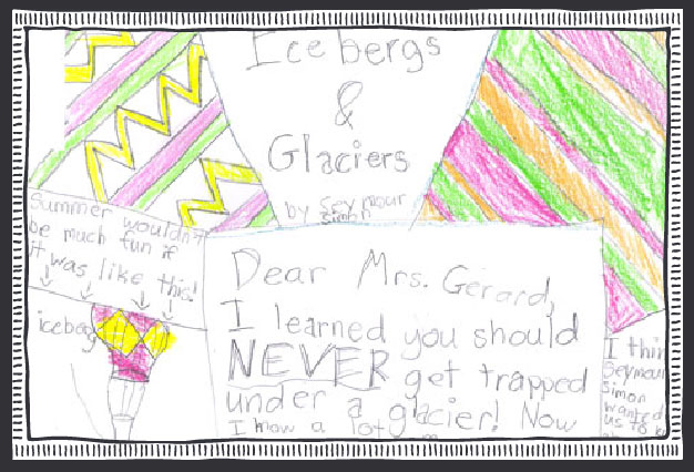 Student artwork depicts what they learned about Icebergs and Glaciers.