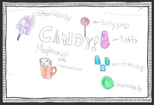 Student artwork depicts what they learned about the history of candy