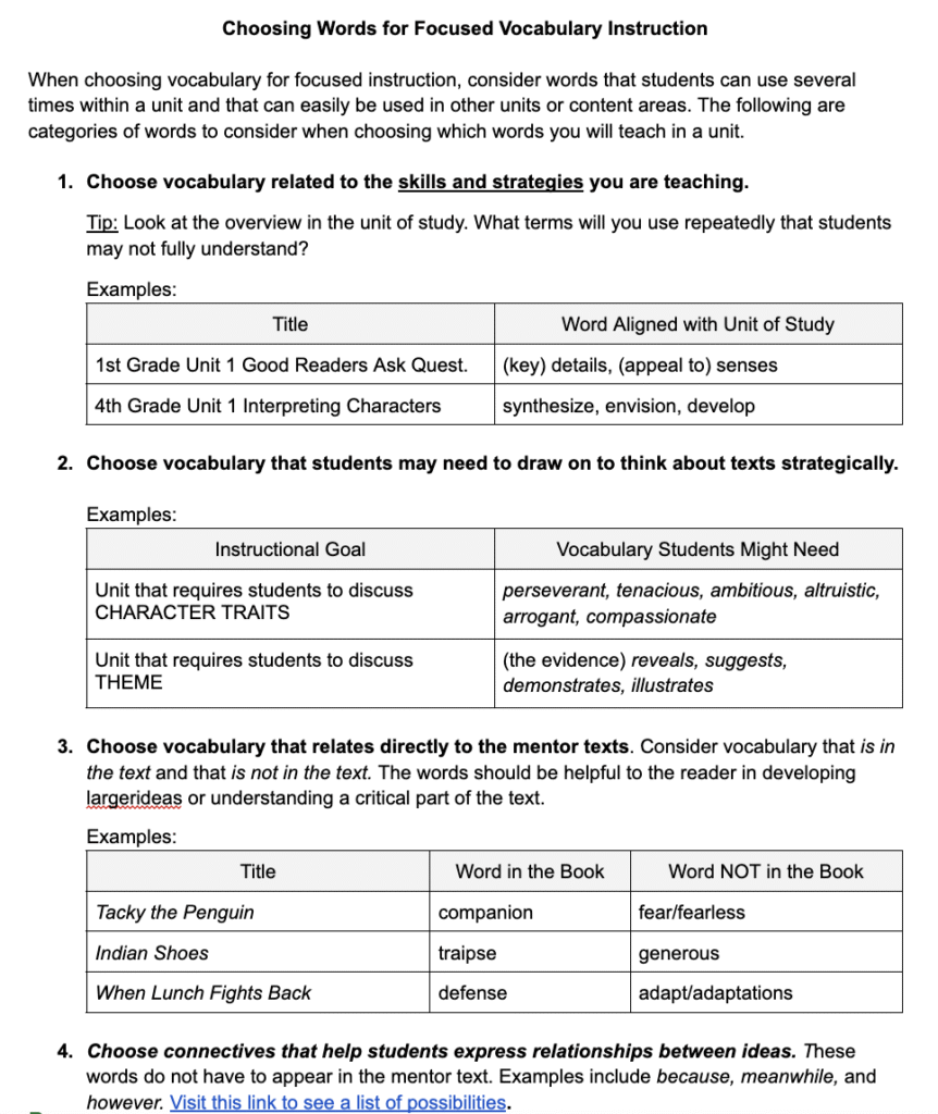 One-page handout: Choosing Words for Focused Vocabulary Instruction.